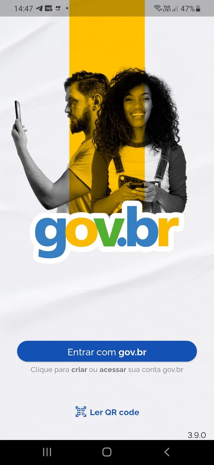 Tela inicial do aplicativo gov.br com o botão Entrar com gov.br