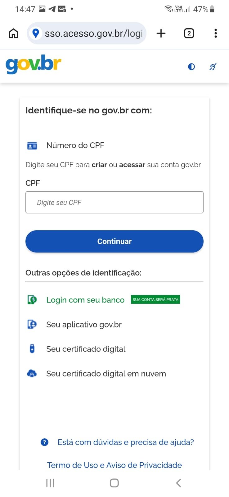 Tela do gov.br pedindo o número do CPF para continuar