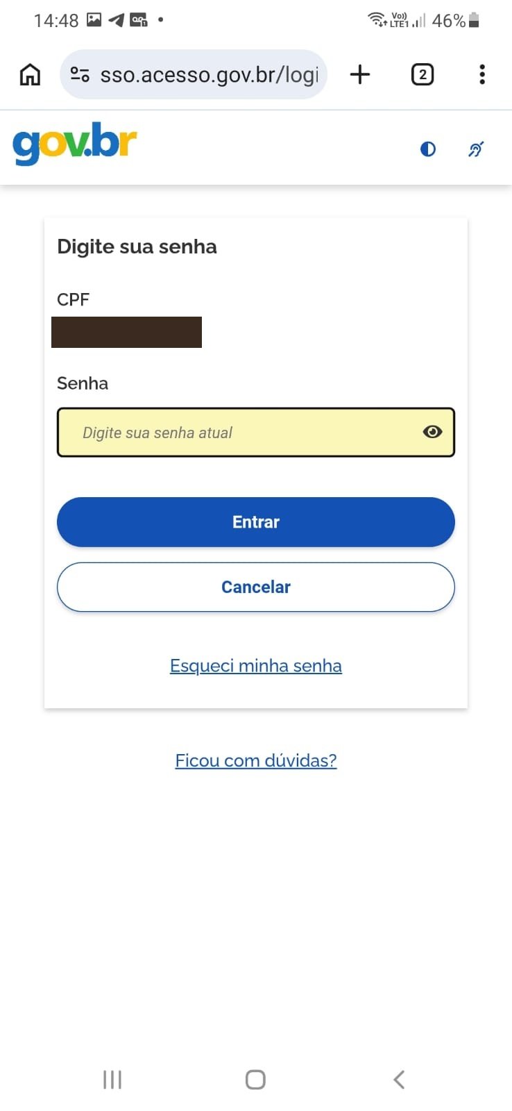 Tela de senha do gov.br com a opção Esqueci minha senha