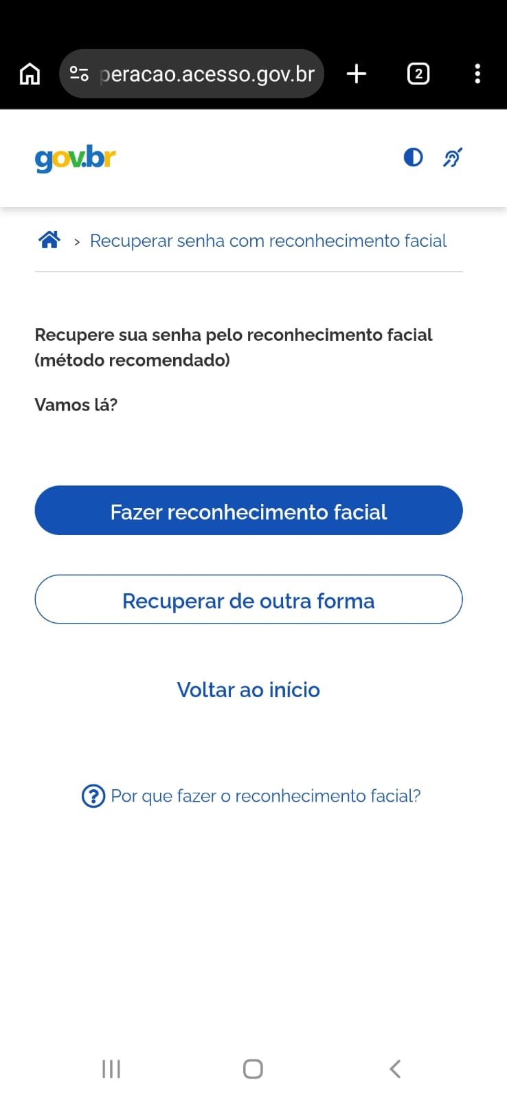 Tela do gov.br Recuperar senha com reconhecimento facial, com os botões Fazer reconhecimento facial e Recuperar de outra forma